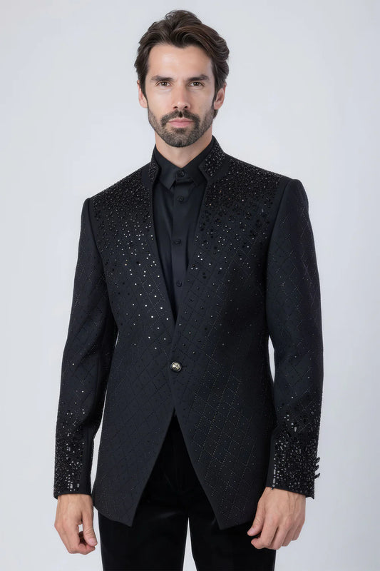 Banded Collar Full Rhinestone Crystal Blazer