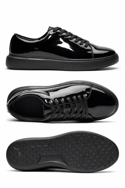 Black patent lace-to-toe sneaker shown from side, top, and sole views