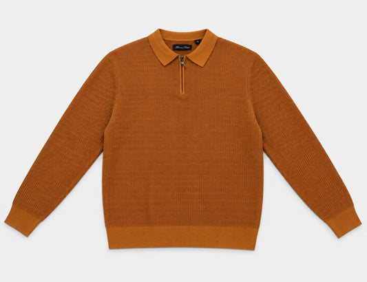 Bruno Conte caramel textured quarter-zip sweater front view