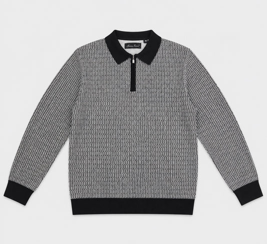 Bruno Conte black and white textured quarter-zip sweater front view