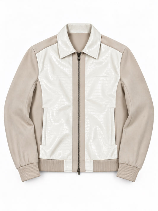 Cream faux leather print and taupe suede collared jacket front view