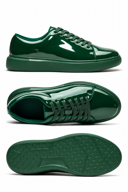 Green patent lace-to-toe sneaker shown from side, top, and sole views on a clean white background
