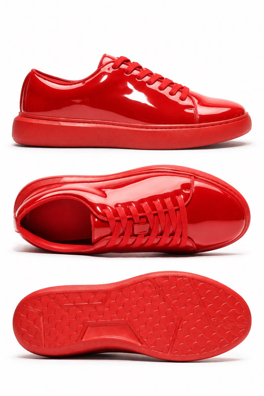 Red patent lace-to-toe sneaker shown from side, top, and sole views