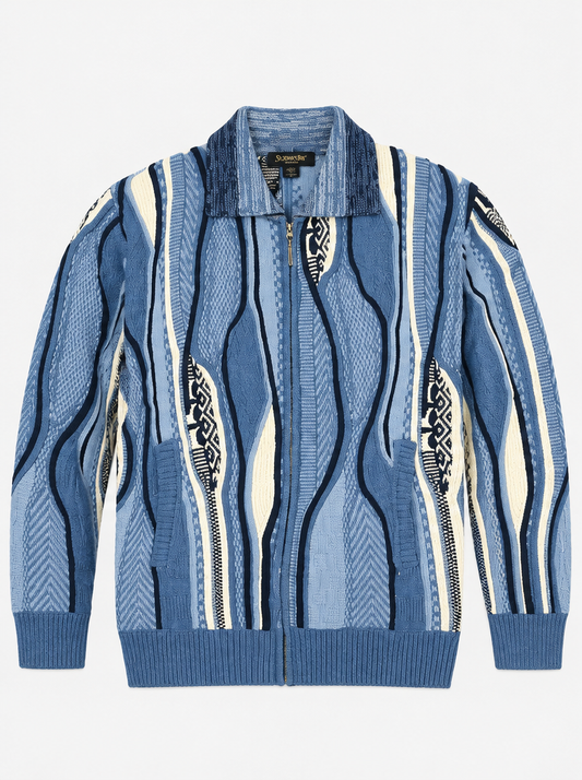 Silversilk Luxury Multi-Knit Zip Up Sweater blue cream front view