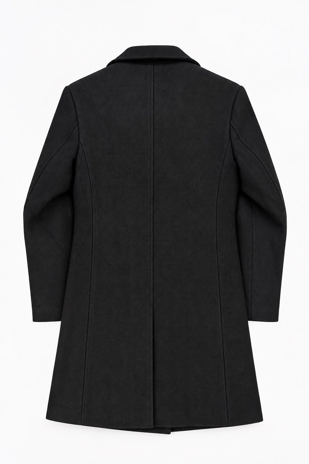 Slim fit dark herringbone overcoat back view