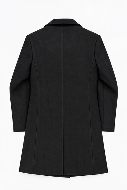 Slim fit dark herringbone overcoat back view