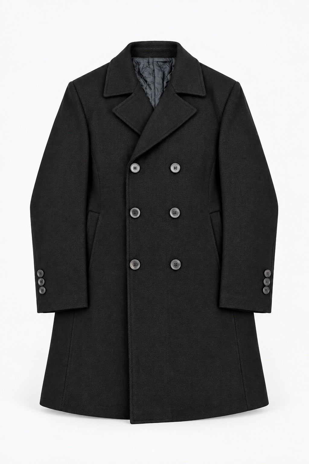 Slim fit dark herringbone double breasted overcoat front view