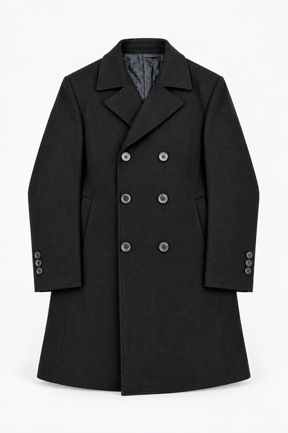 Slim fit dark herringbone double breasted overcoat front view