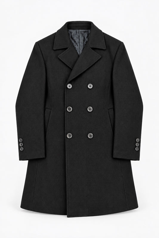 Slim fit dark herringbone double breasted overcoat front view