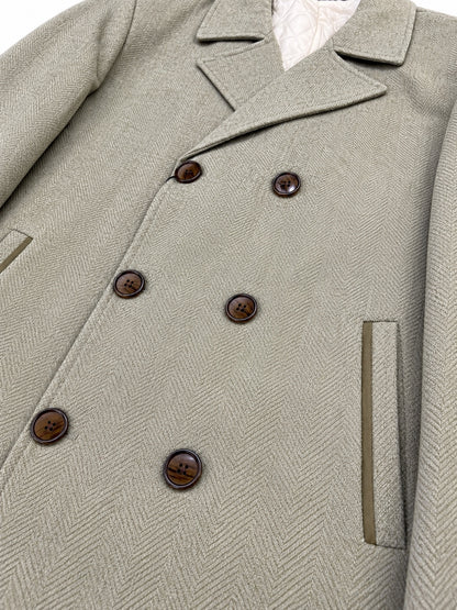 Taupe beige herringbone overcoat fabric and button detail