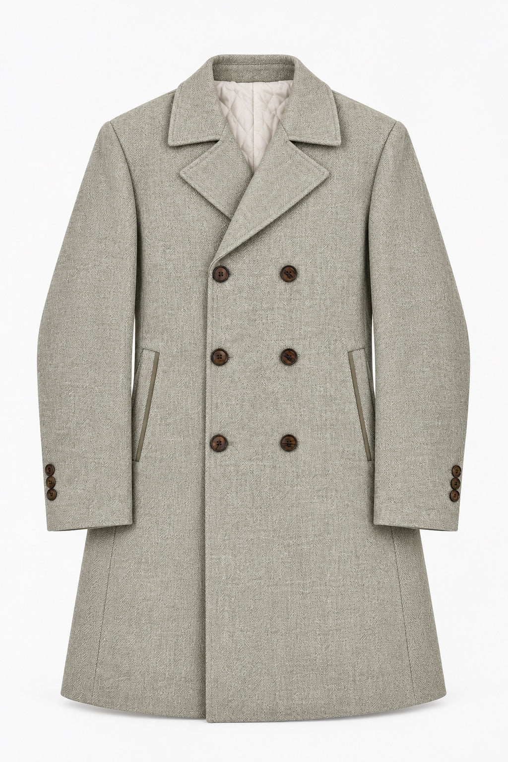 Taupe beige slim fit herringbone double breasted overcoat front view