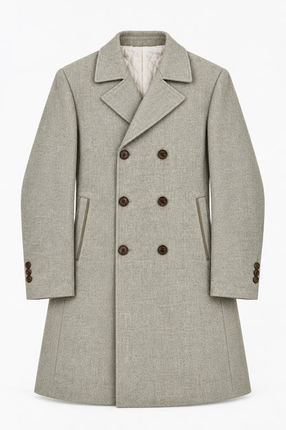 Taupe beige slim fit herringbone double breasted overcoat front view