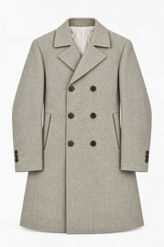 Taupe beige slim fit herringbone double breasted overcoat front view