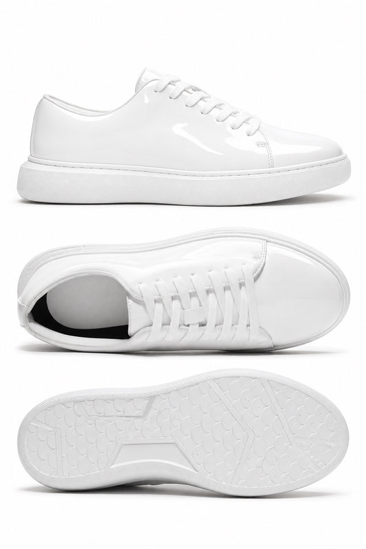 White patent lace-to-toe sneaker shown from side, top, and sole views